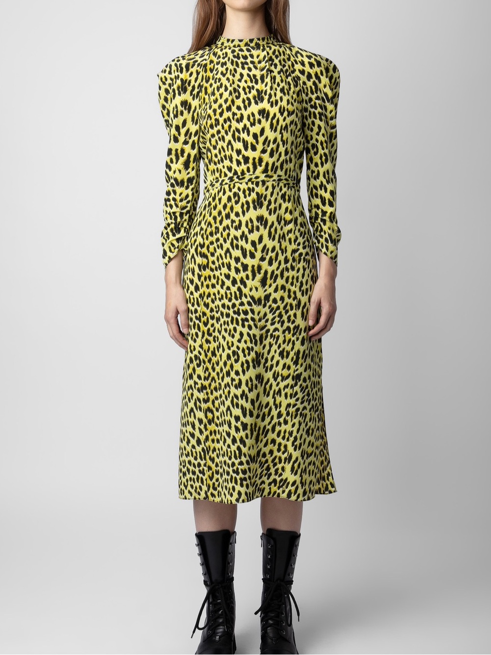 NWT - Zadig & Voltaire Leopard Print Yellow Black Long Sleeve Silk Dress - Small